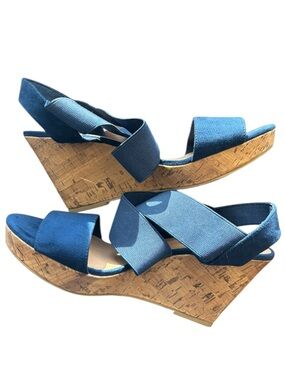 American Eagle Blue Cork Wedge Sandals Women’s Size 8.5 Elastic Strap